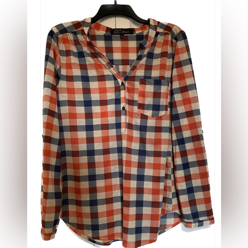 G Collection Size Large Women’s Plaid Blouse Buttoned Orange Blue Red